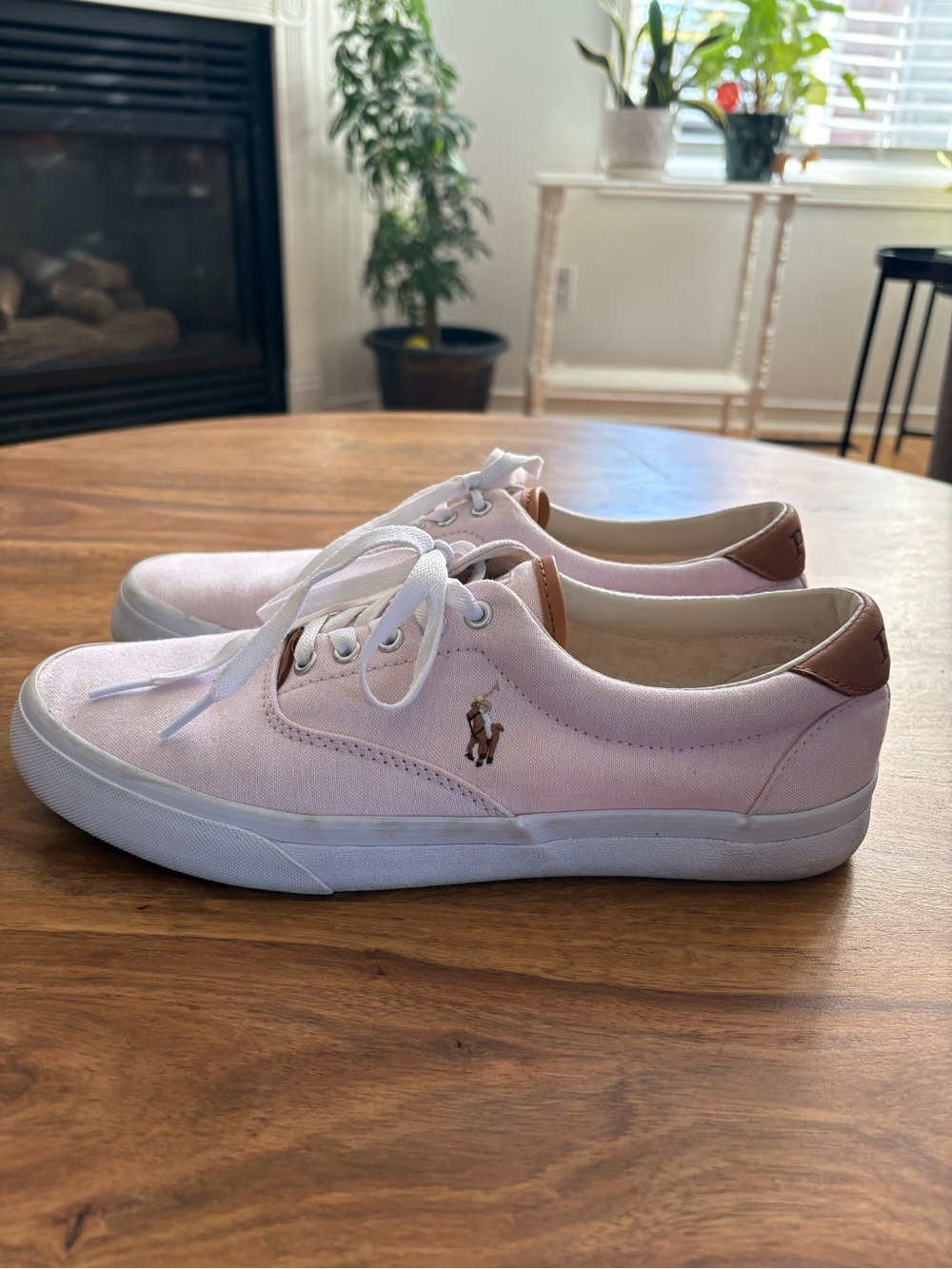 Ralph Lauren Light Pink Canvas Low-Top Sneakers with Tan Heel